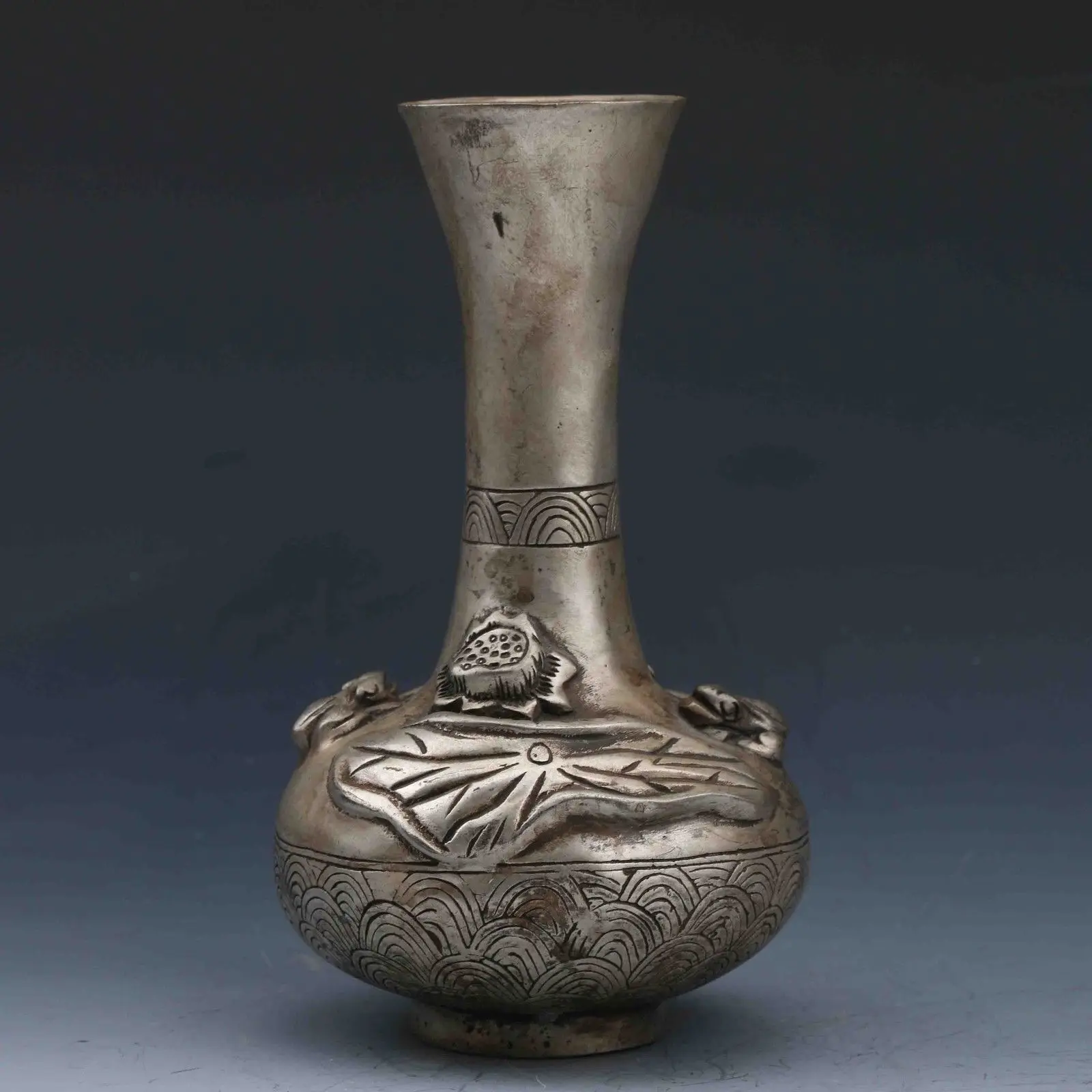 

China Collectible Miao Silver Hand-Carved Lotus& Frog Vase w Qianlong Mark