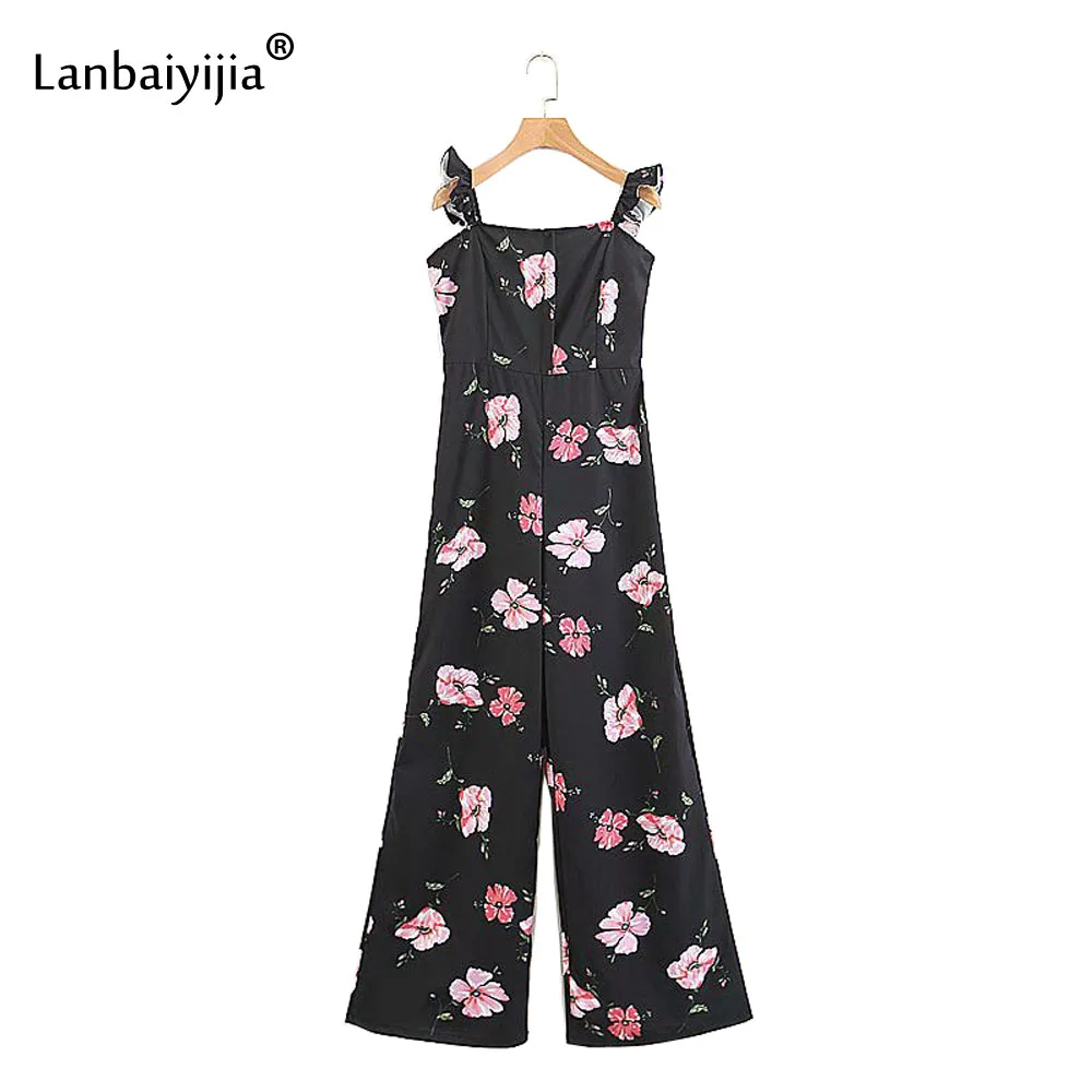 

Lanbaiyijia Newest Sexy Strap jumpsuits sleeveless backless Floral print jumpsuit women summer chic black playsuits S M L