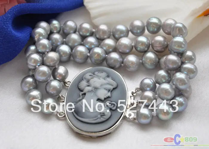 

Wholesale free shipping >>P4055 3row 8" 10mm GRAY ROUND FRESHWATER PEARL BRACELET