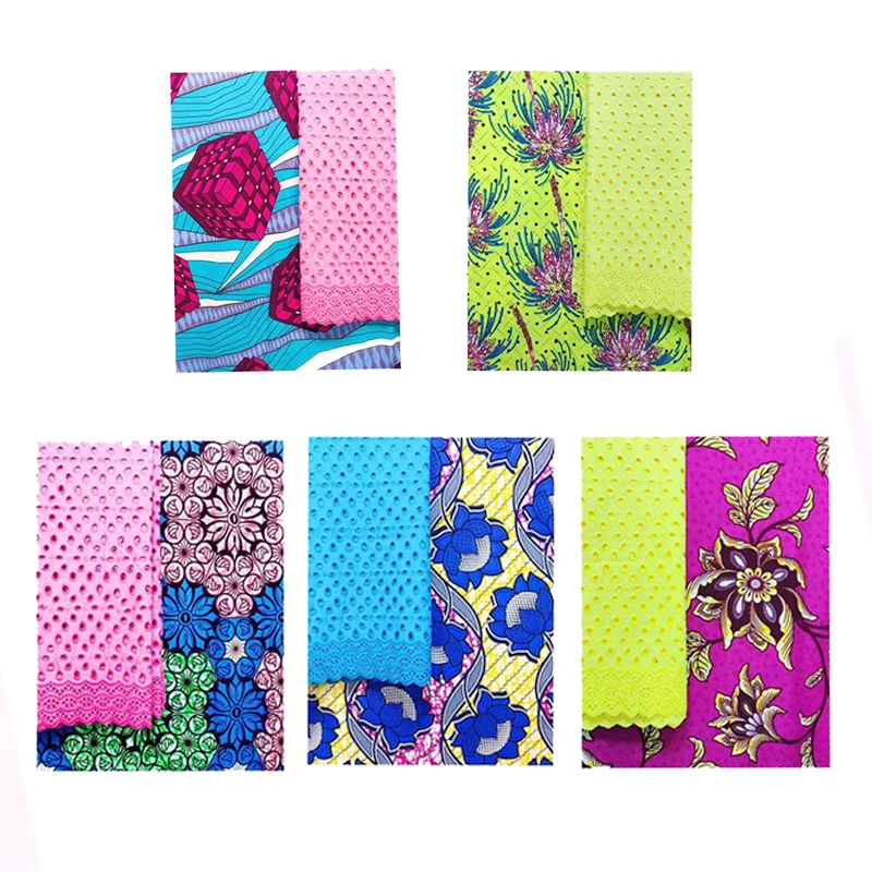 

3 Yards African Royan Fabrics with 2.5 Yards Punched Lace, Printed Cotton Fabric for Women Dress, 5.5yards/lot Apparel Textile