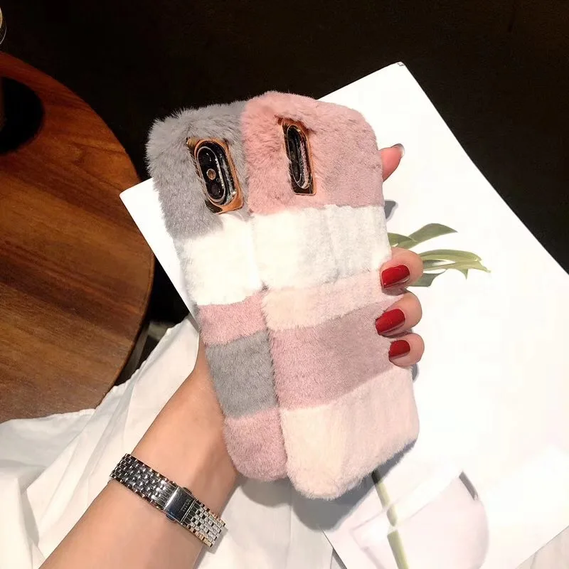 Girl Cute Rabbit Fur Plush Case For iPhone X XS 6S 7 8 Plus Silicone Winter Warm Back Cover Case For iPhone XS Max Fourrure Case (8)