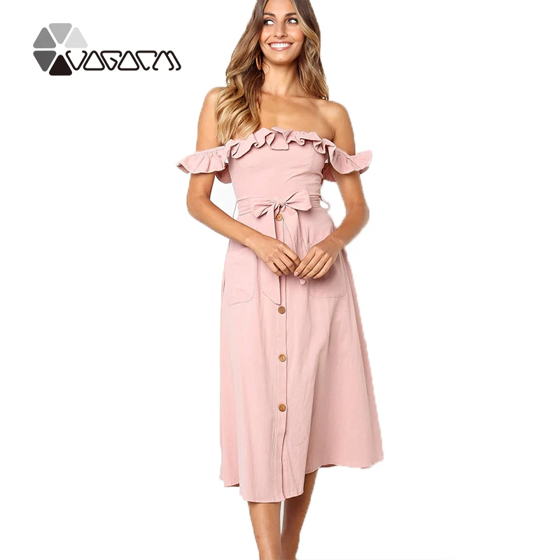 

2019 Sexy Off Shoulder Ruffle Women Dress Elegant Black Red Pink Button Cotton Summer Party Casual Female Lady Vestidos