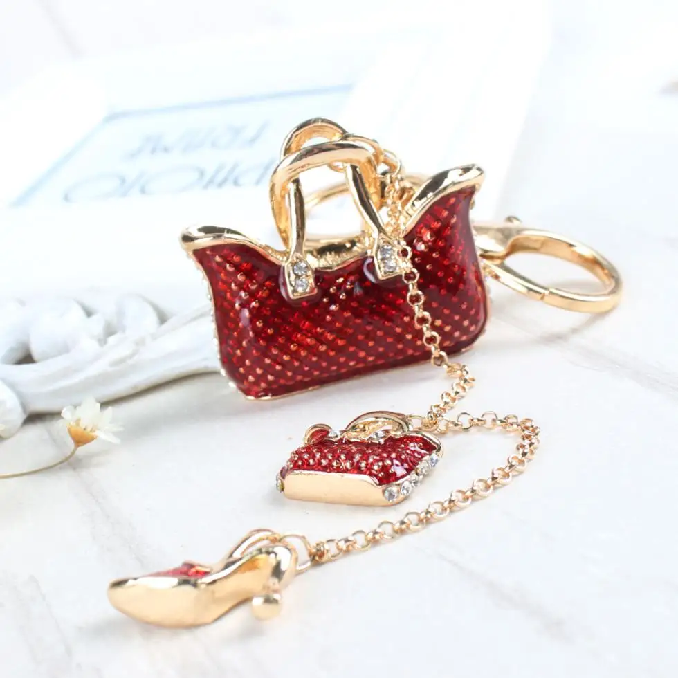 

Two Red Handbag High Heel Shoe New Fashion Cute Rhinestone Crystal Car Purse Key Chain Jewelry Great Gift