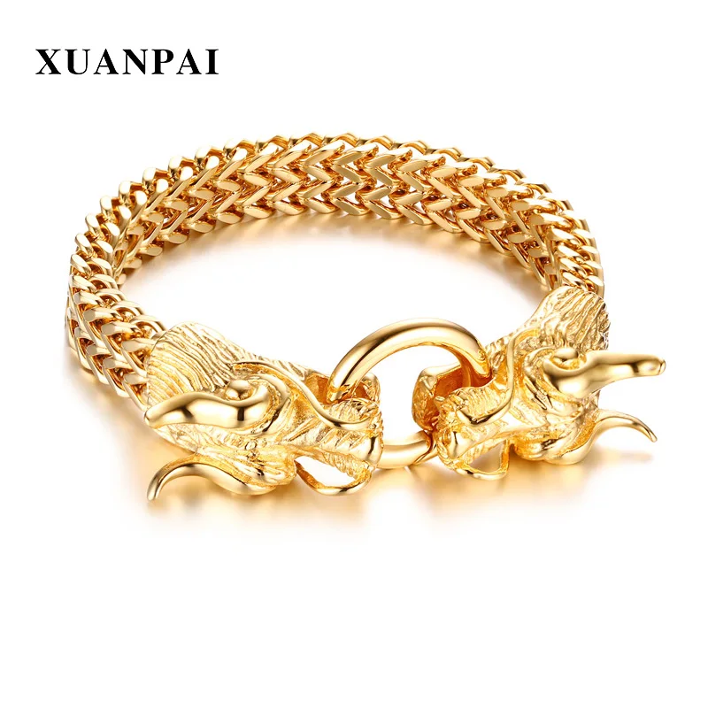 

XUANPAI Punk Mens Double Dargon Heads Charm Bracelet Gold Tone Stainless Steel Link Curb Chain Pulseira Masculina 8.85