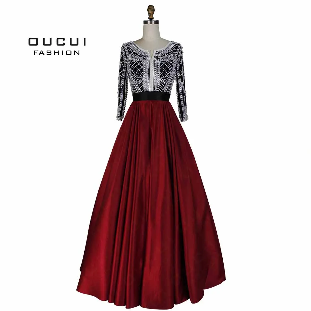 Украшенное жемчугом арабское мусульманское бальное платье для выпускного вечера длинное вечернее Бордовое платье ручной работы с рукавами три четверти OL103047 - Цвет: Red