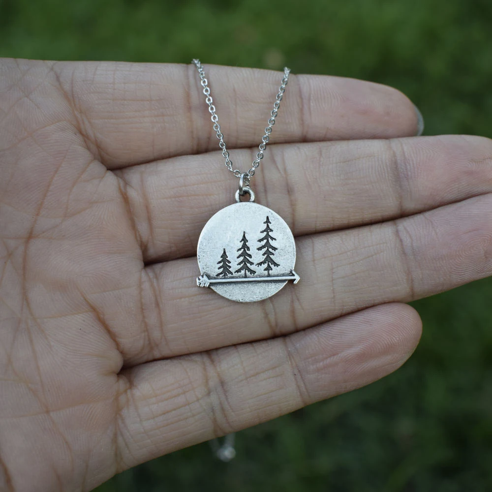 Three Pine Tree Necklace Nature Forest Pine Adventure Awaits Hiking Gift For Her Outdoors Womens Pendant Necklaces 1pcs