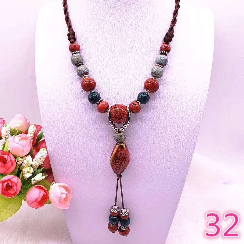 

Fashion Ethnic Jewelry Traditional Handmade Ornaments Weave Wax Rope Ceramics Necklace Ceramics Beads Pendant Long Necklace #25