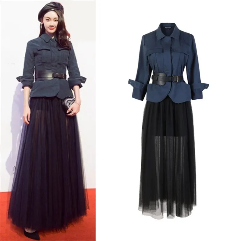 

Spring 2019 New Style Fanghua Miao Star Identical Shirt-style Short Jacket Net Gauze Two-piece Set Women Coats and Jackets