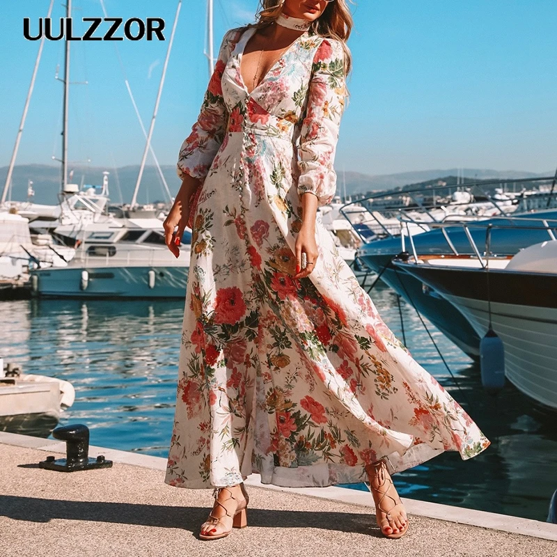 

UULZZOR women maxi dresses flower printed long dress sexy v neck boho style button dress party autumn dresses female Vestido new