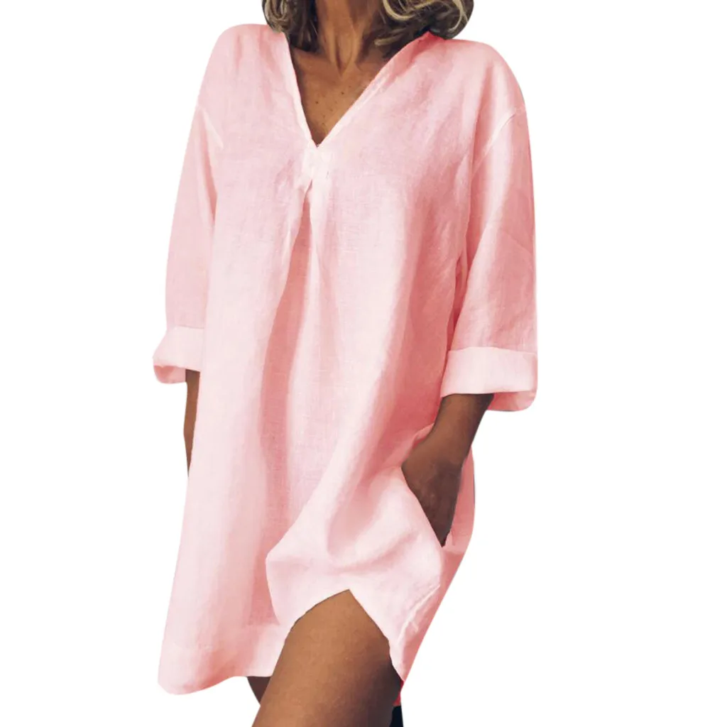 

Loose Casual Pure Color V Neck casual dress beach dress summer dress Long Sleeved Summer Dress sukienka vestidos45#G7