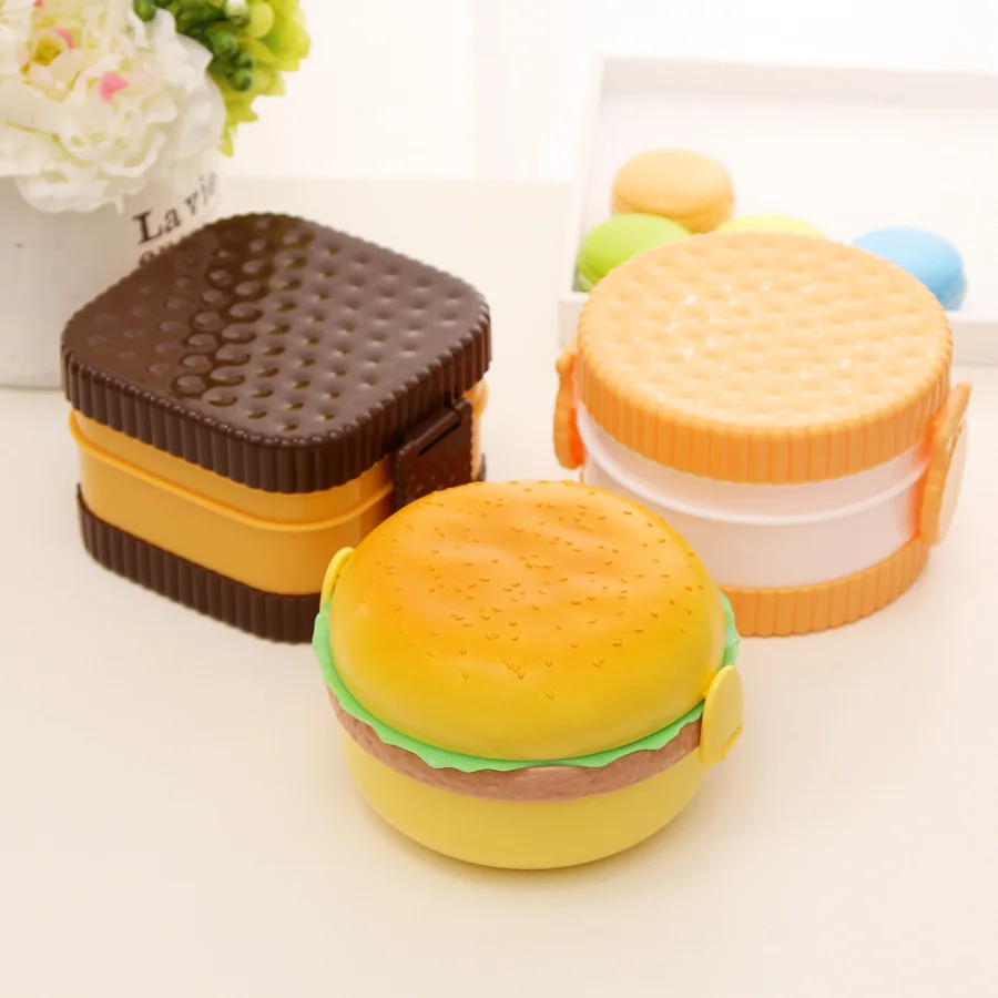 

New Cute Hamburger Double Tier Lunch Box Burger Box Bento Lunchbox Children School Food Container Tableware Set with Fork Kids