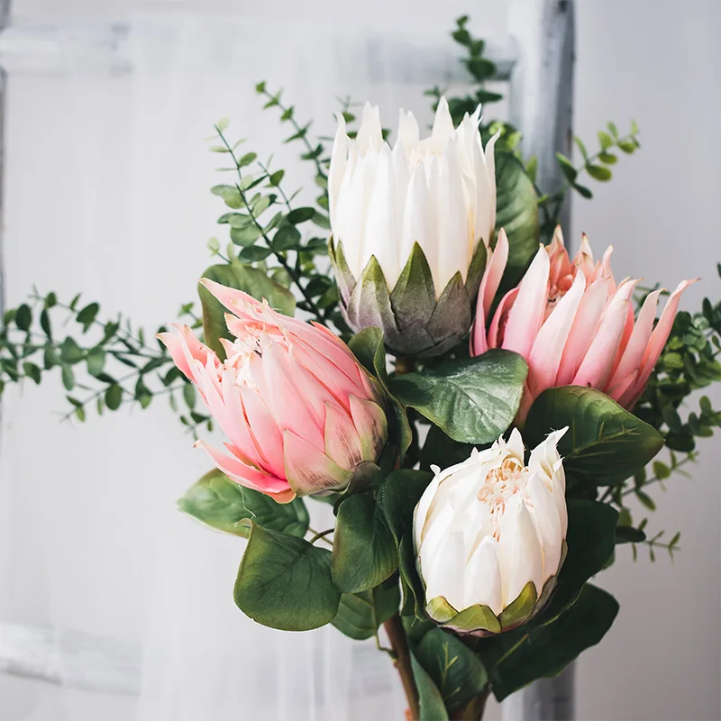 

Miz Pink and White King Protea Bud Flower Party Bud Flower for Home Decor Modern Artificial Flower Silk Flower No Vase