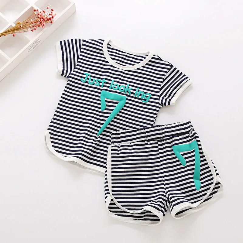 

DFXD 2018 Summer Toddler Clothes Set Boy Girl Cotton Short Sleeve Striped Letter Print T-shirt+Shorts Casual Kids Sport Suits