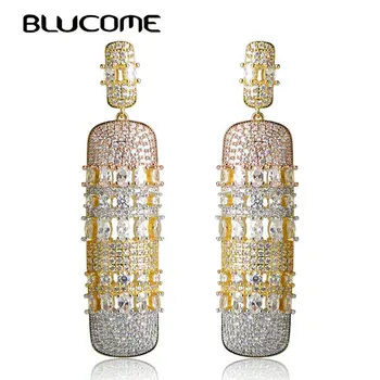 

Blucome Luxury Long Drop Earrings Three Tones Color Full Zircons Copper Jewelry For Bridal Girls Wedding Party Dress Accessories
