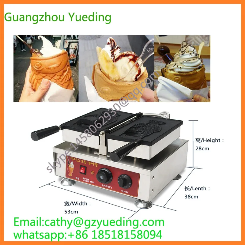 Korea single ice cream taiyaki Open big mouth fish shape waffle maker machine korea street food fish shape with electric open mouth taiyaki waffle maker