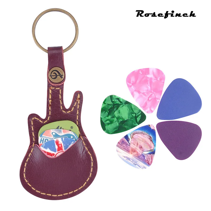 Guitar Pick Bag with 6 PC Picks Genuine Leather Guitar Shaped Storage