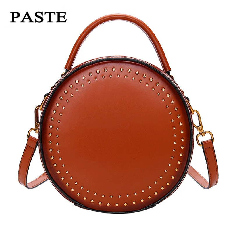 PASTE Genuine Leather Round Bags Women Rivet Handbags Retro Circular