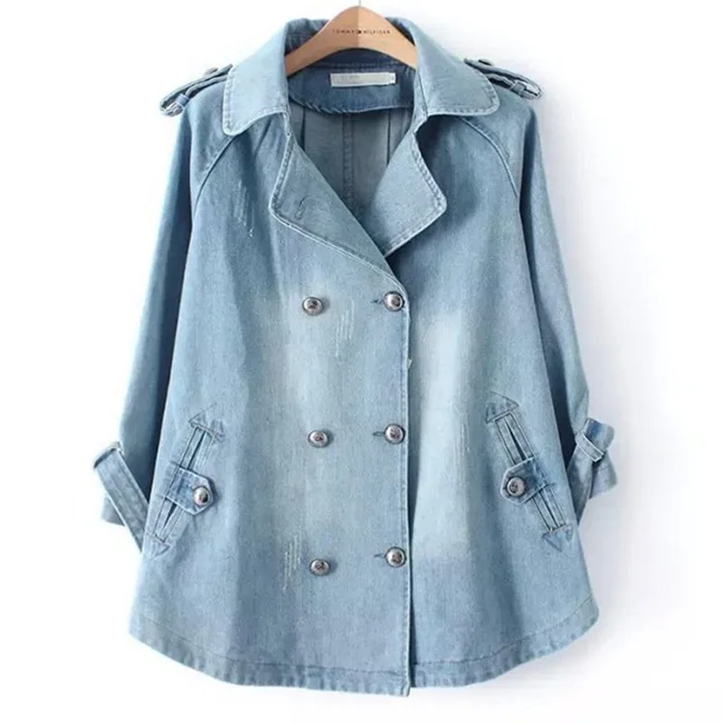 Плащ, короткое джинсовое пальто для женщин, весна-осень, большой размер, женский двубортный свободный джинсовый жакет, модная ветровка Harajuku