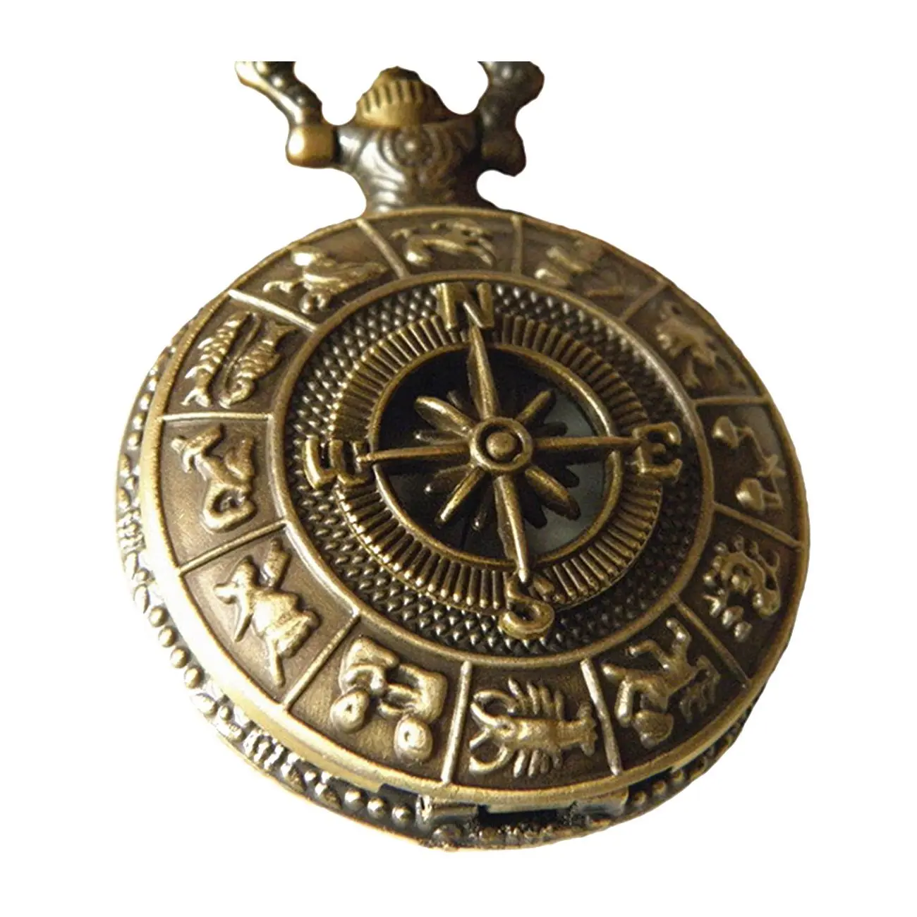 Vintage Brass Pocket Watch with Compass Necklace Twelve Constellation