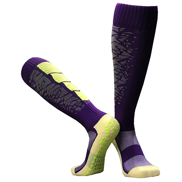 Новые длинные футбольные носки нескользящие хлопковые мужские футбольные носки для взрослых тренировочные Futbol спортивные Chaussette компрессионная защита - Цвет: purple