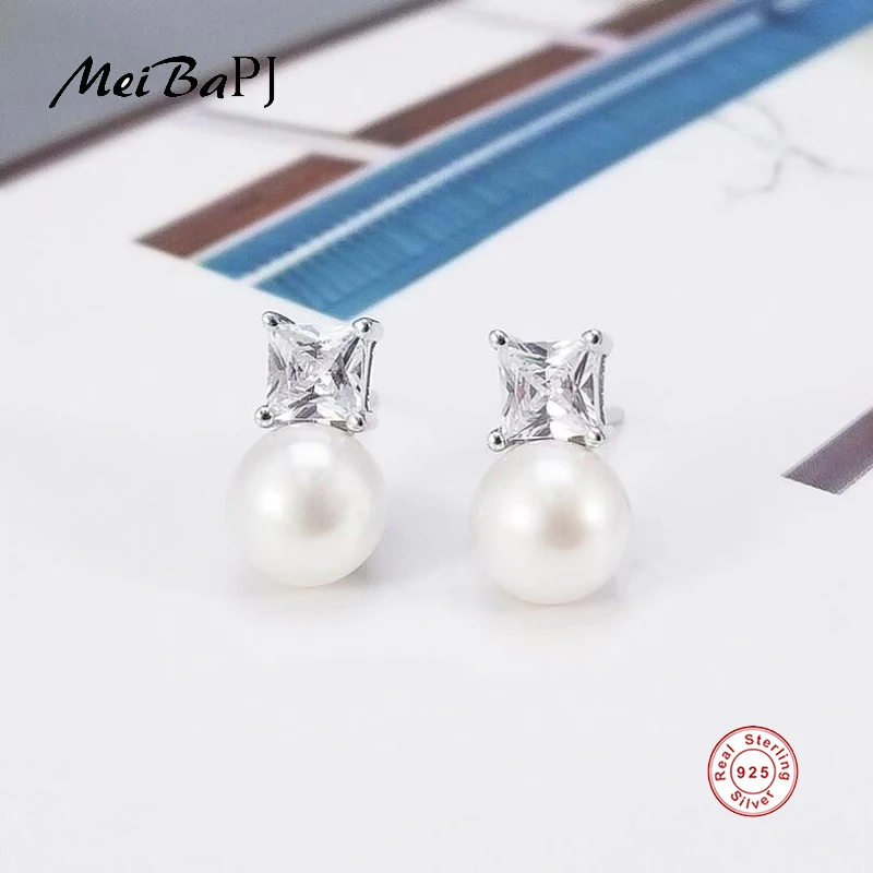 

[MeiBaPJ]Natural Freshwater Pearl Fashion Square Stud Earrings Real 925 Sterling Silver Fine Charm Jewelry for Women