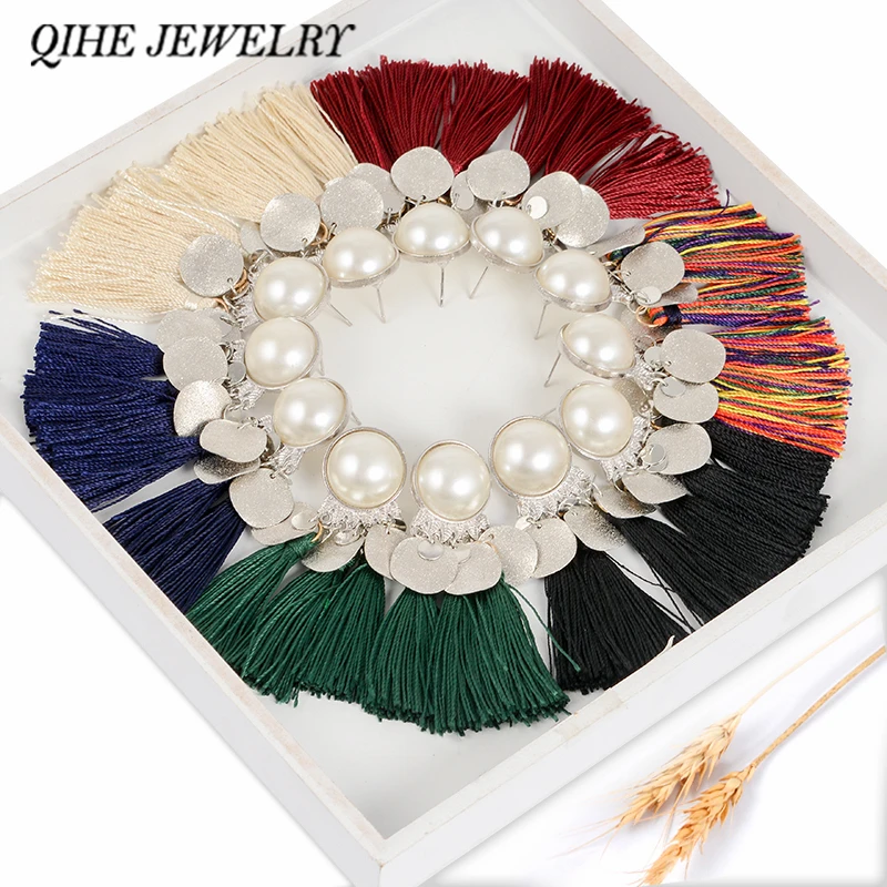 

QIHE JEWELRY Tassel Earrings For Women Silver Disc Imitation Pearl Cotton Ribbon Fringe Tassel Bohemia Jewelry Girl