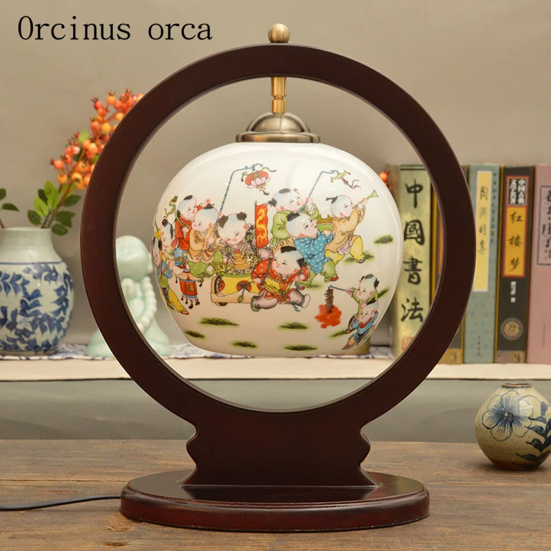 New Chinese antique creative ceramic table lamp bedroom bedside lamp American Pastoral flower painting solid wood desk lamp New Chinese antique creative ceramic table lamp bedroom bedside lamp American Pastoral flower painting solid wood desk lamp