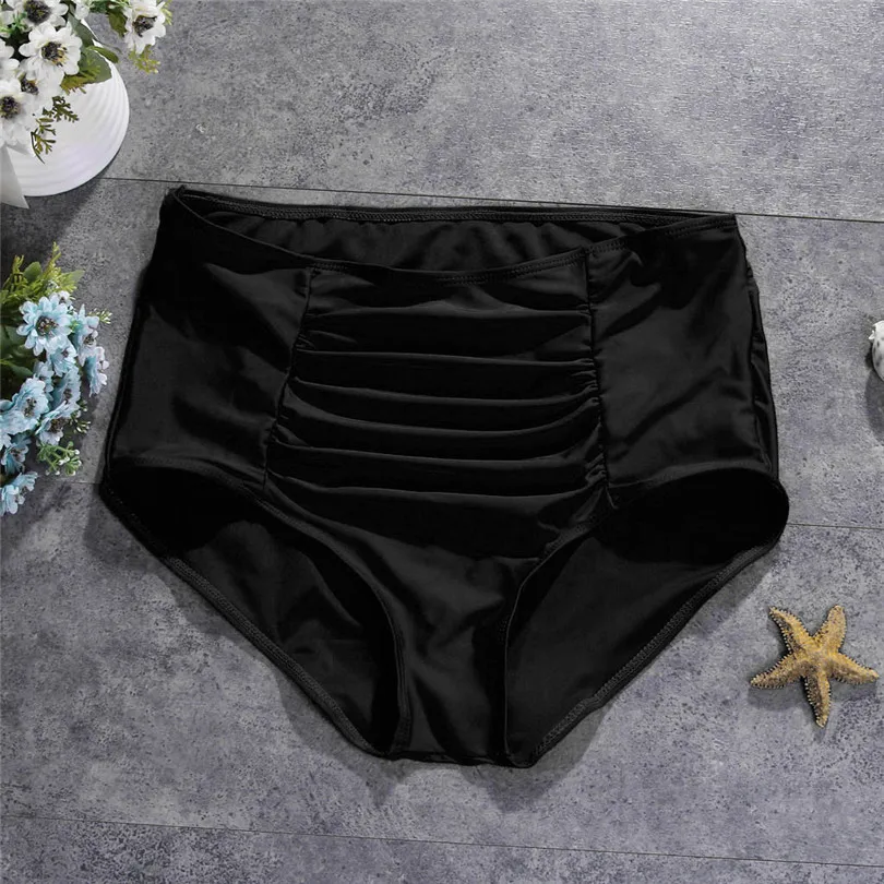 2019 New Summer Women Casual Simple High Waist Ruched Bikini Solid Bottoms Tummy Control Swimsuit Briefs Pants #E01 (12)