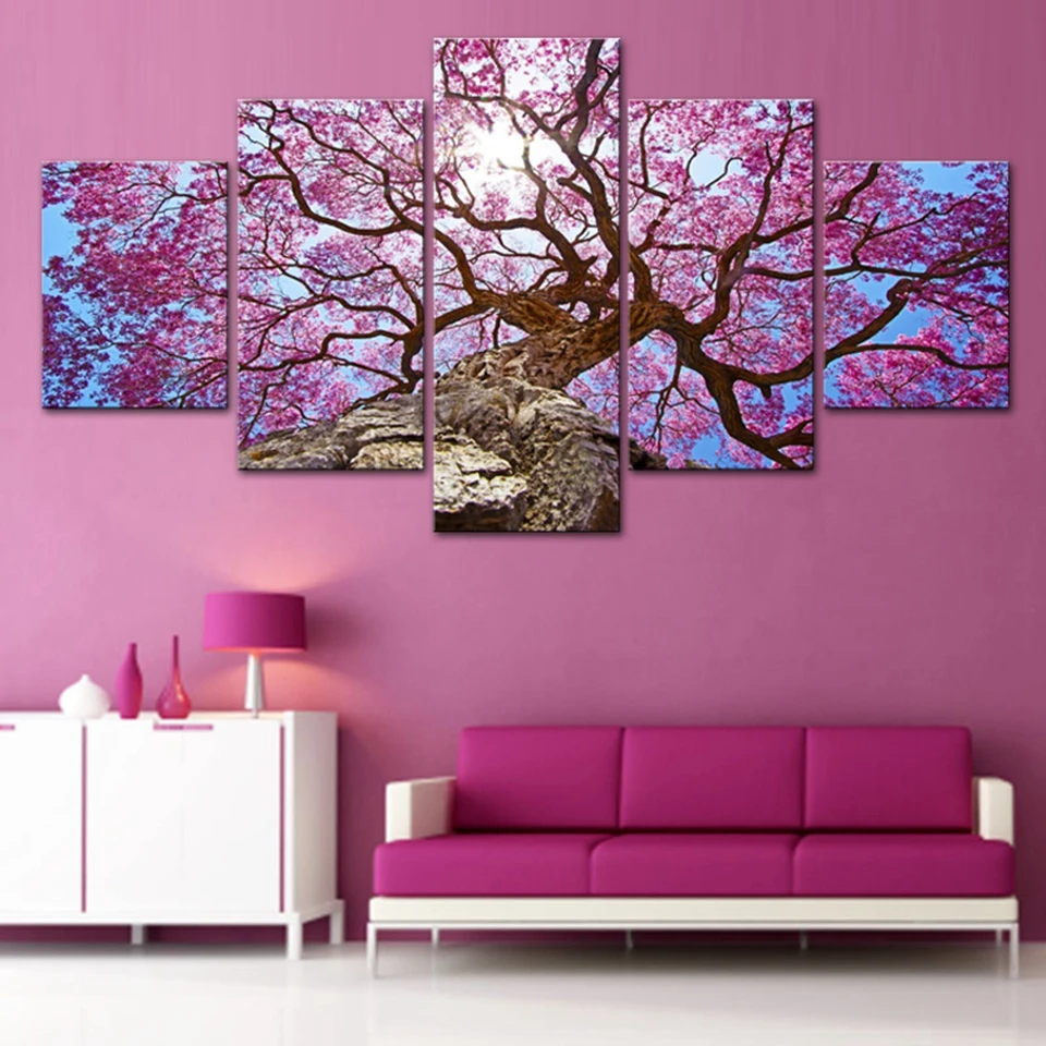 

Modern Home Wall Art Decor Framework Pictures 5 Pieces Beautiful Pink Cherry Tree Landscape HD Printed Painting On Canvas Poster