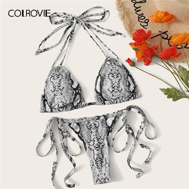 

COLROVIE Snakeskin Triangle Halter Top With Tie Side Bikini Women Sexy Swimsuit 2019 Summer Beach Stretchy Bathing Suit