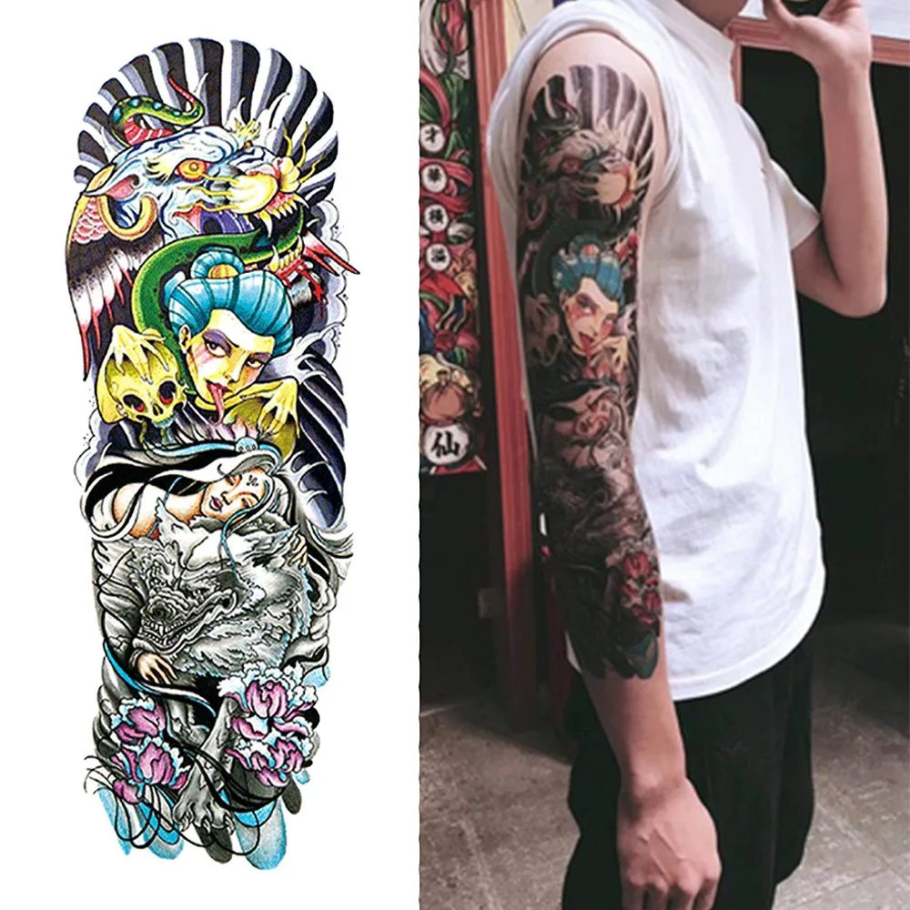 

Y-XLWN Disposable Waterproof Tattoo Sticker, Full Arm Flower Arm, Koi Text Pattern Flash Tattoo Sticker Male Female