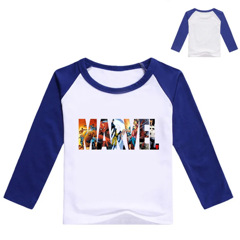 Новая весенняя футболка для маленьких мальчиков с принтом из комиксов Marvel детская одежда детские футболки с длинными рукавами хлопковые топы с рисунками для девочек - Цвет: White Blue