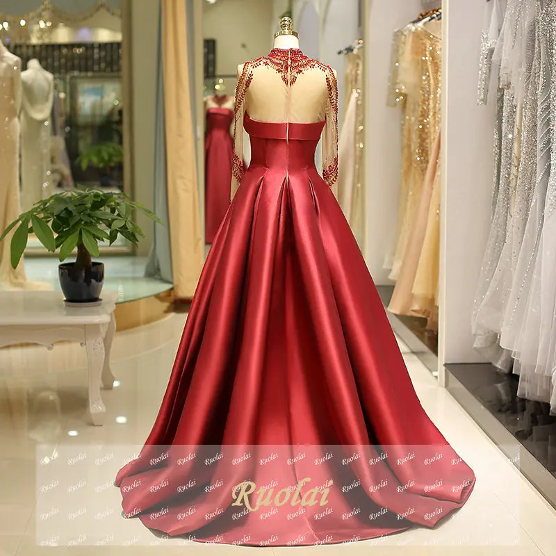 Red Satin Arabic Luxury Evening Dresses Long 2018 High Neck Long Sleeves Dubai Evening Gown Formal Party Dresses robe de soiree Red Satin Arabic Luxury Evening Dresses Long 2018 High Neck Long Sleeves Dubai Evening Gown Formal Party Dresses robe de soiree