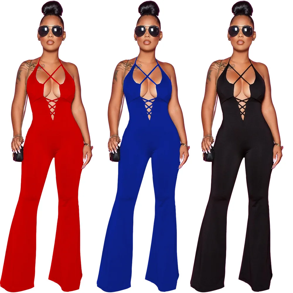 

2019 women new summer lace up hollow out sexy straight jumpsuit streetwear club night party open back romper playsuit GLWY6602