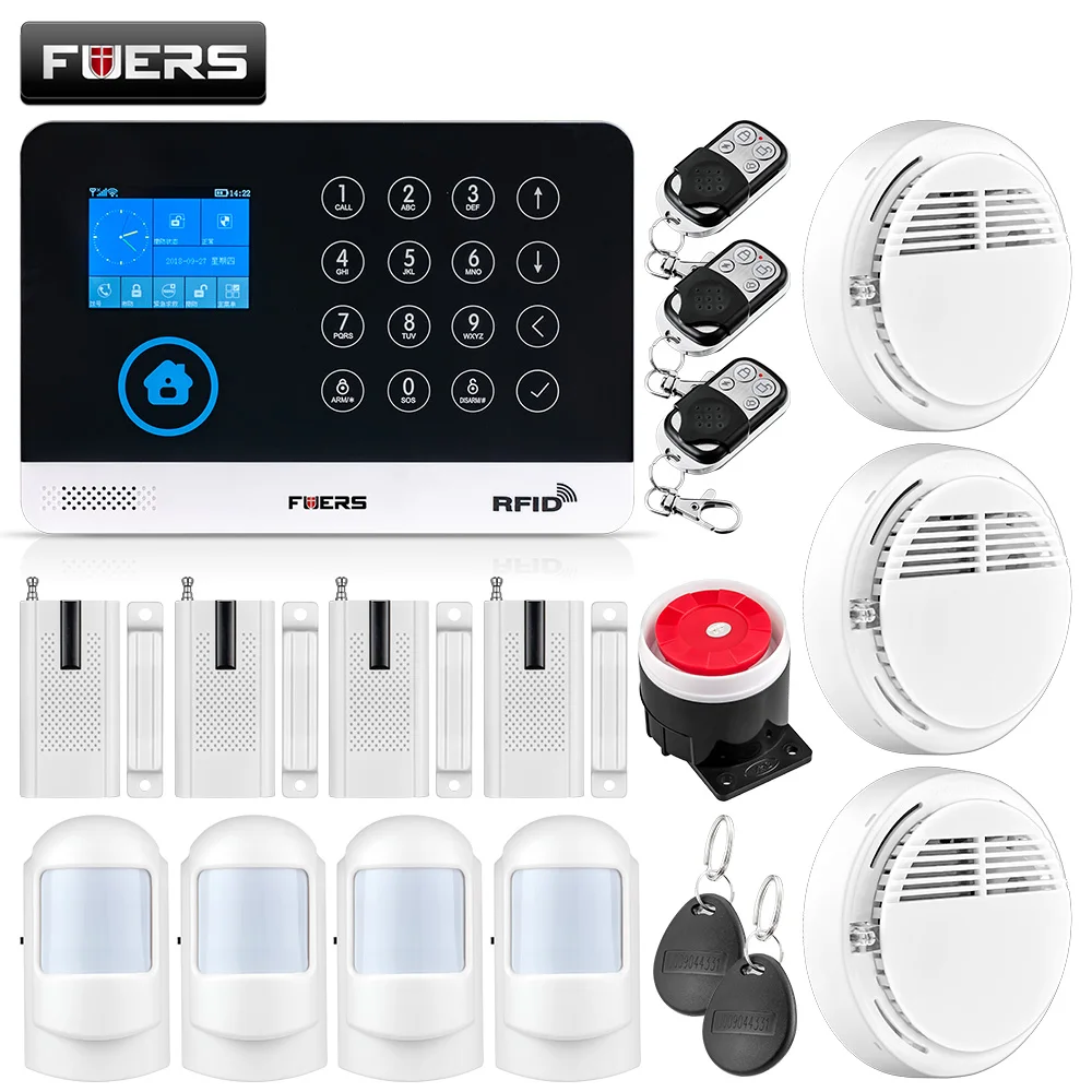 FUERS Новая домашняя охранная сигнализация WIFI GSM Беспроводная RFID движения PIR дверь