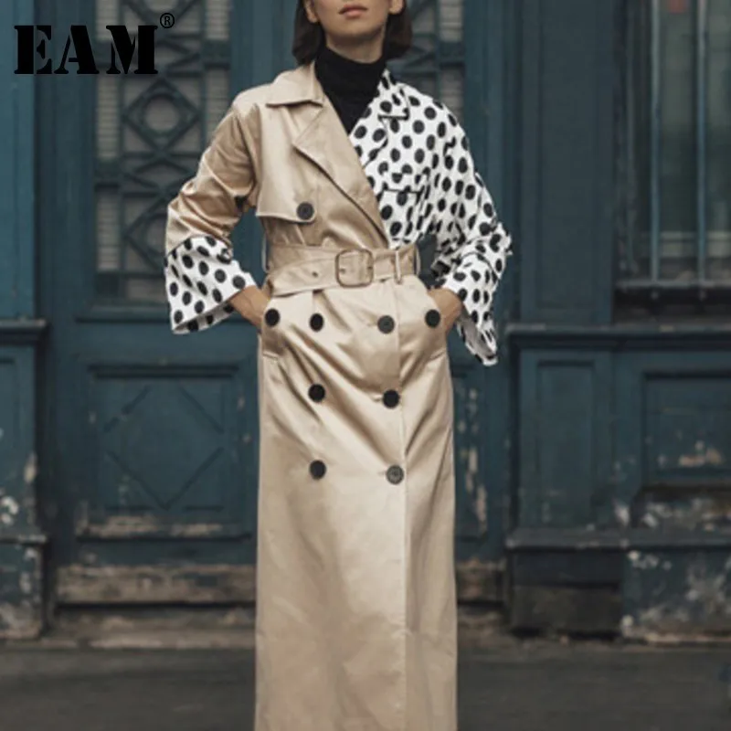 

[EAM] Women Khaki Dot Print Split Trench New Lapel Long Sleeve Loose Fit Windbreaker Fashion Tide Autumn Winter 2019 OA7010