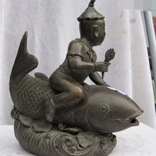 Bi003389 10 Китайский чистая бронза медь Резные прекрасный Мальчик детских и Ездить на Рыбы Статуя