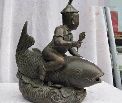 

bi003389 10 Chinese pure bronze copper Carved lovely Boy childre Ride on Fish Statue