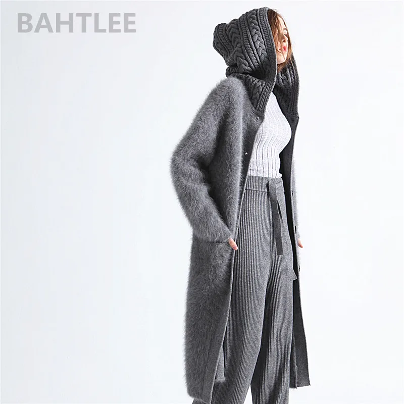 BAHTLEE, зимняя женская шапка из Ангорского Кролика, кардиганы, супер длинный свитер, свободный, с перламутровыми пуговицами, карманами, очень толстый, сохраняет тепло