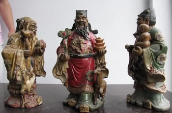 

16"China Folk WuCai porcelain Three Longevity Fukurokuju God Statue Set