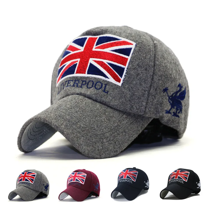 

2017 New Fashion Sunscreen Caps Autumn Winter Warm Hat British Union Jack Embroidered Woolen Cap Baseball Cap Hip Pop Caps
