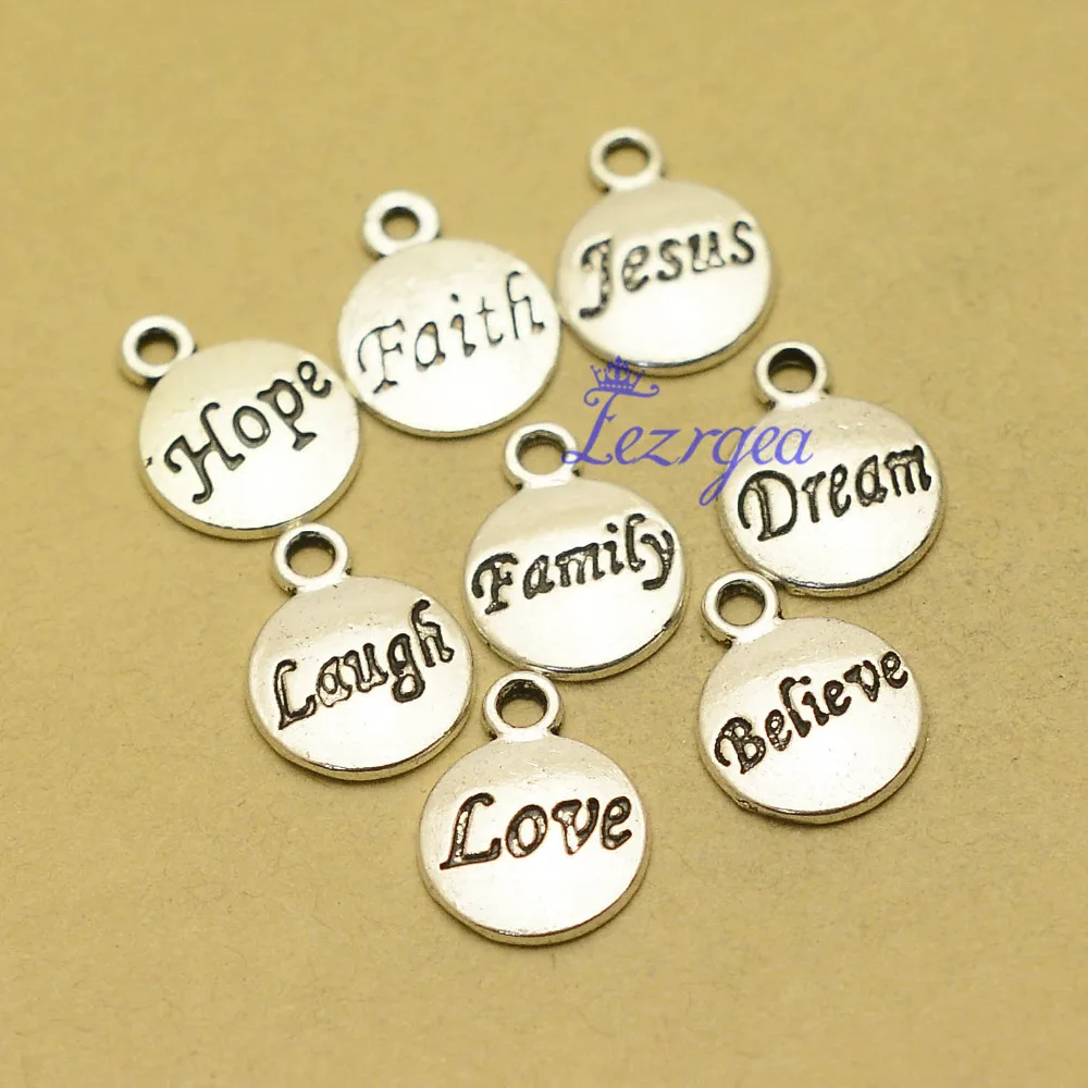 80pcs 12mm Round Letter Charms, Antique silver Plated words Pendants