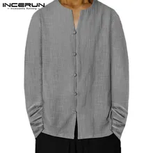 Ретро рубашки для мужчин платье с длинным рукавом V образным вырезом сплошной размера плюс Китайский кунг-фу одежда Осень Весна Повседневные рубашки Camisa Masculino