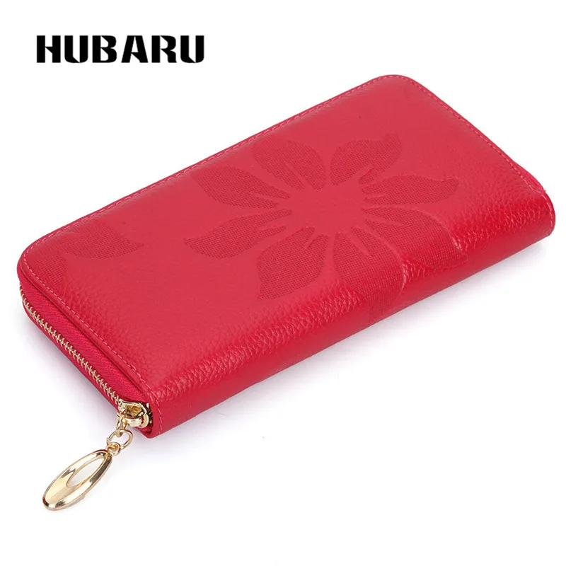 

HUBARU Fashion Genuine Leather Long Clutch Wallet Flower Embossing Women Wallet Money Clips Female Big Zipper Purse