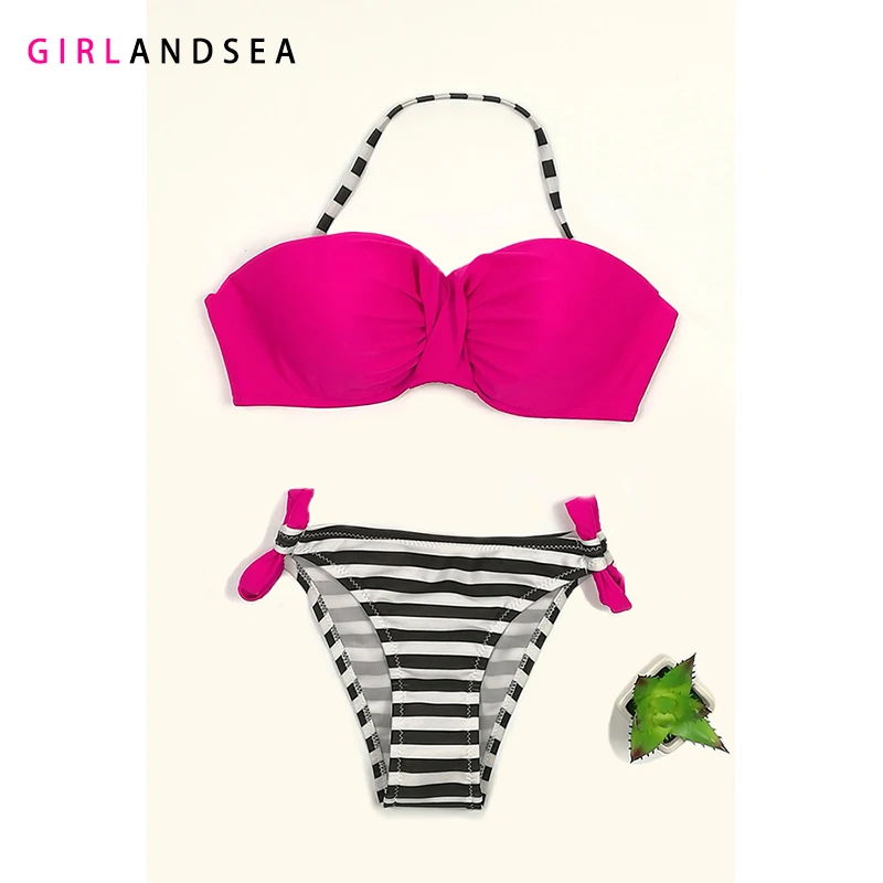 

GIRLANDSEA New 2019 Low-waisted Striped Bikini Set Solid Swimsuit