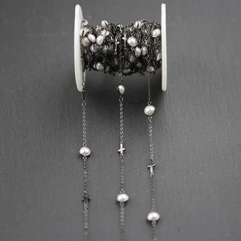 

6mm,White Pearl Glass Round Coin Beads Chain,Wire Wrapped Gun Black Plated Cross Copper Links Necklace Findings