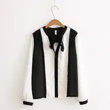 2016 New Fashion Women Elegant Chiffon Black White Patchwork Blouses Shirts Bow Collar Cozy Casual Brand Tops For Autumn