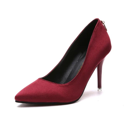 Wine red 9.5 cm Новинка; женские тонкие туфли в Корейском стиле; модные туфли с острым носком на высоком каблуке; сезон весна-осень; пикантные замшевые туфли для работы с закрытым носком - Цвет: Wine red 9.5 cm