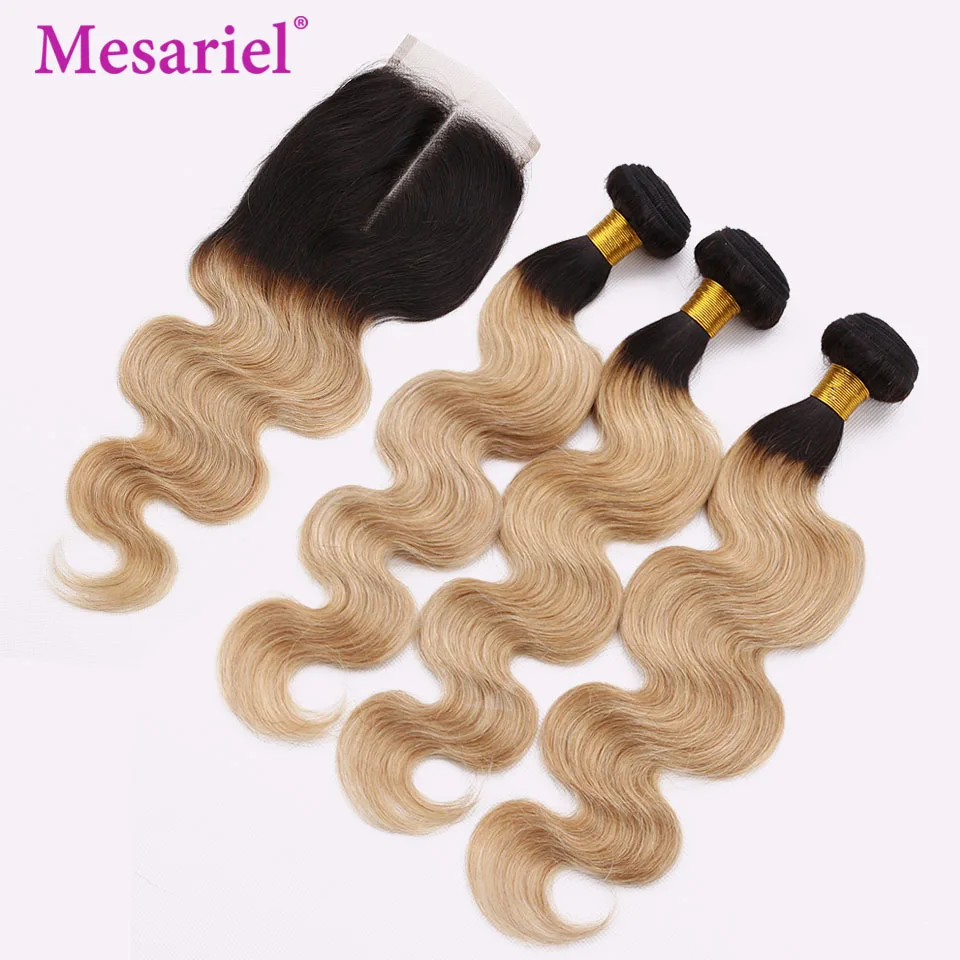 Mesariel 2/3/4 Blonde Bundles With Lace Closure 1B 27 Brazilian Body Wave Hair Weave Non Remy Hair Ombre Bundles With Closure