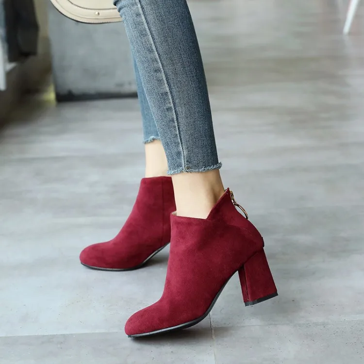 

Big Size 11 12 13 14 Ma'am Coarse heel Short boots Pure color round head Boot barrel Suede high-heeled boots